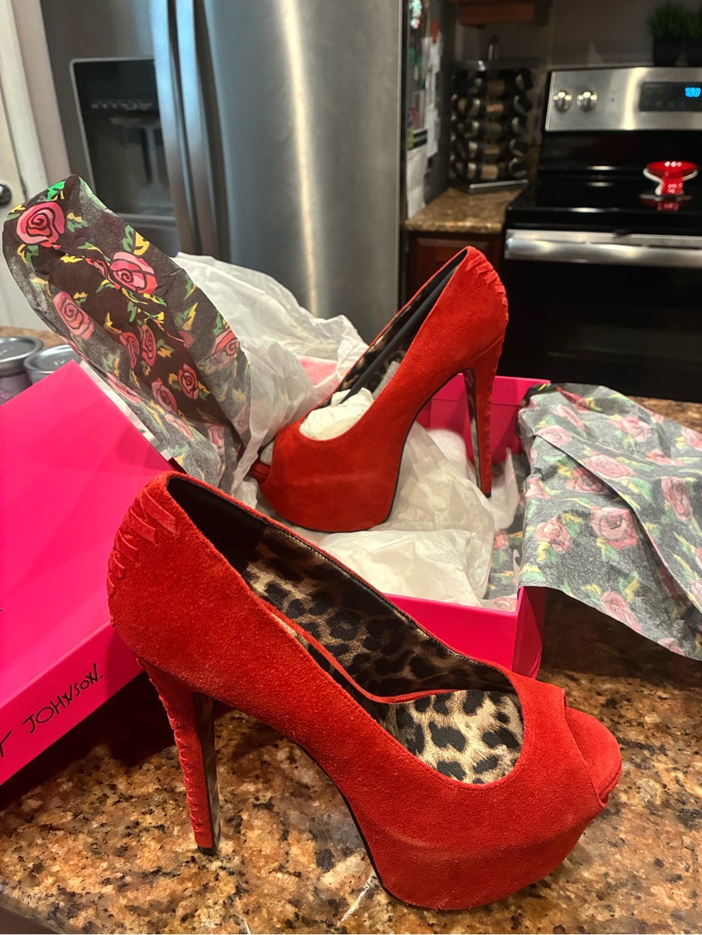 Betsey Johnson Red Suede Peep-Toe Platform Pumps with Leopard Lining